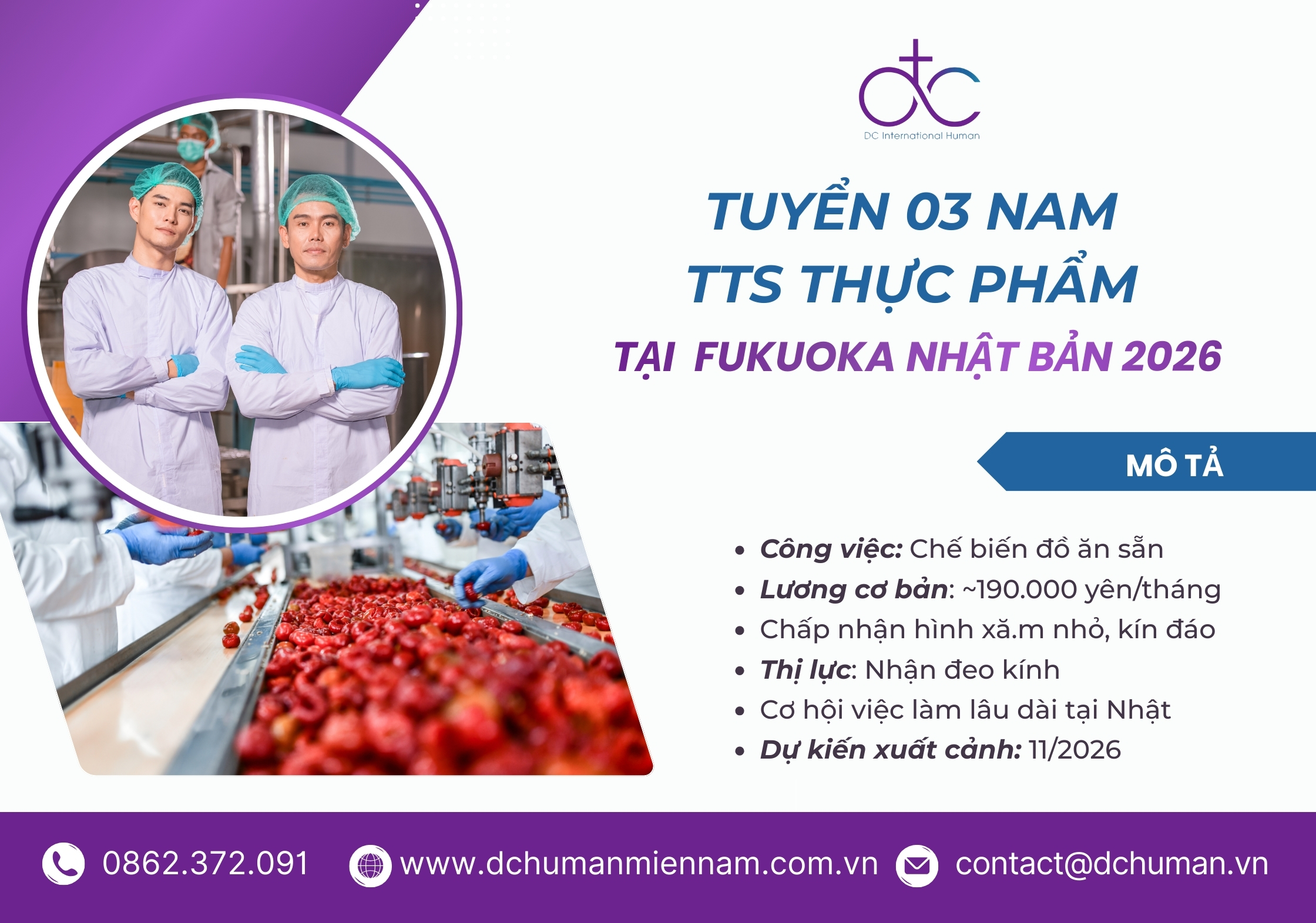 Tuyển 03 NAM chế biến thực phẩm tại  FUKUOKA Nhật Bản