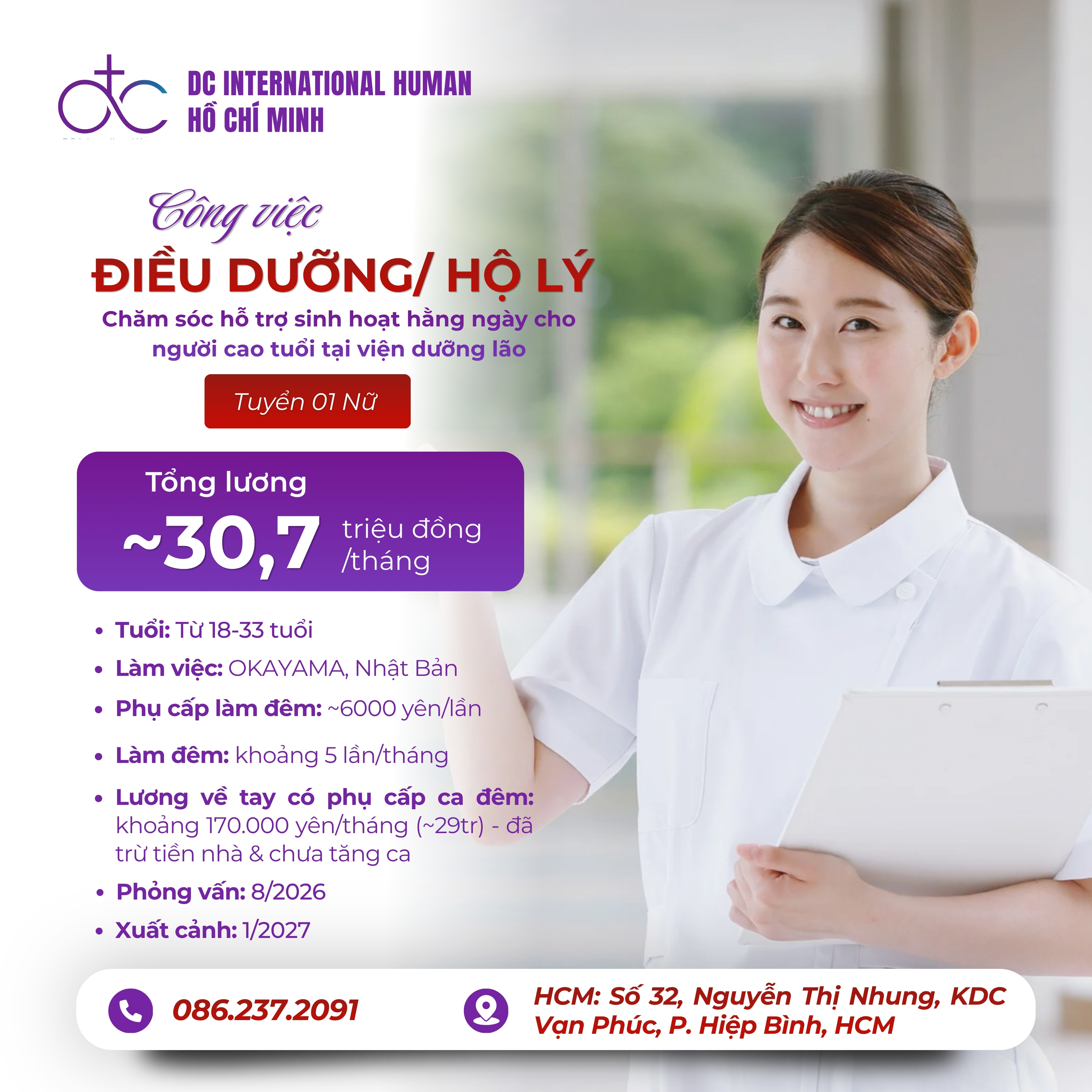 Tuyển Điều Dưỡng/Hộ Lý Okayama Nhật Bản – Lương ~30,7 Triệu/Tháng